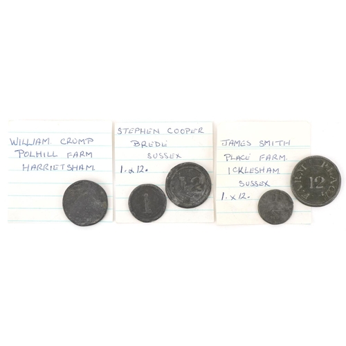 702 - Three hop tokens comprising William Crump Polhill Hill Farm, Harrietsham James Smiths Place Farm in ... 