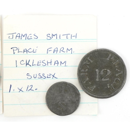 702 - Three hop tokens comprising William Crump Polhill Hill Farm, Harrietsham James Smiths Place Farm in ... 