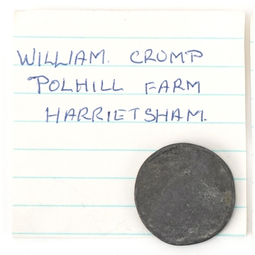 702 - Three hop tokens comprising William Crump Polhill Hill Farm, Harrietsham James Smiths Place Farm in ... 