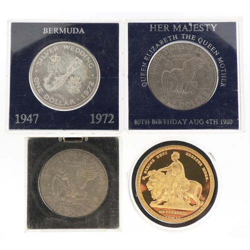 656 - Two 1972 Liberty Dollars, silver wedding dollar and a silver copy of a Queen Victoria five pound coi... 