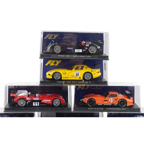 1590 - Sixteen Fly 1:32 scale model slot cars with cases including Corvette C5R, Porsche 911 GTI 98 Edition... 