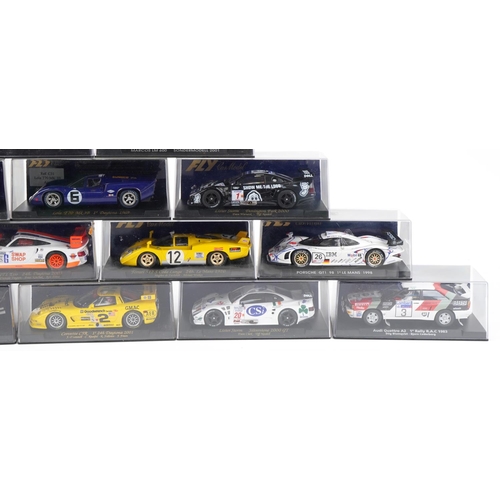 1590 - Sixteen Fly 1:32 scale model slot cars with cases including Corvette C5R, Porsche 911 GTI 98 Edition... 