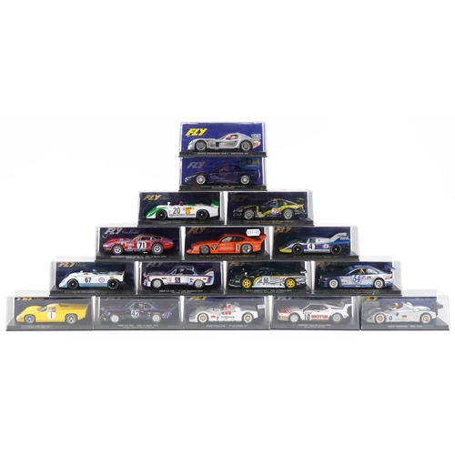 1598 - Sixteen Fly 1:32 scale model slot cars with cases including BMW M1, Joest Porsche and Porsche 908 Fl... 