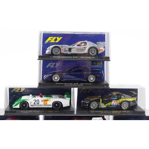 1598 - Sixteen Fly 1:32 scale model slot cars with cases including BMW M1, Joest Porsche and Porsche 908 Fl... 