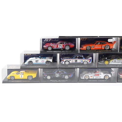 1598 - Sixteen Fly 1:32 scale model slot cars with cases including BMW M1, Joest Porsche and Porsche 908 Fl... 