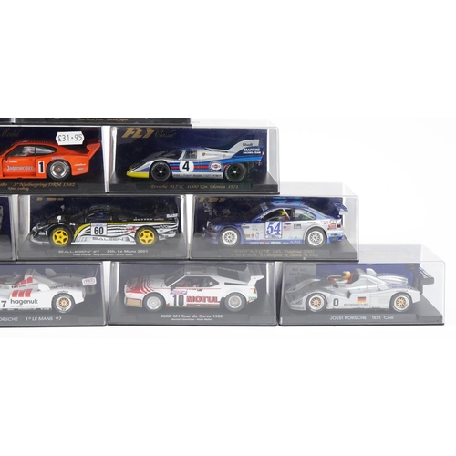 1598 - Sixteen Fly 1:32 scale model slot cars with cases including BMW M1, Joest Porsche and Porsche 908 Fl... 