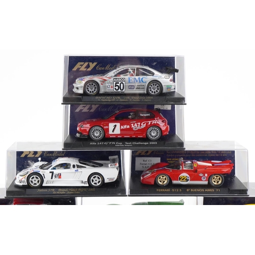 1589 - Sixteen Fly 1:32 scale model slot cars with cases including Lister Storm, Dodge Viper GTS-R and Ferr... 