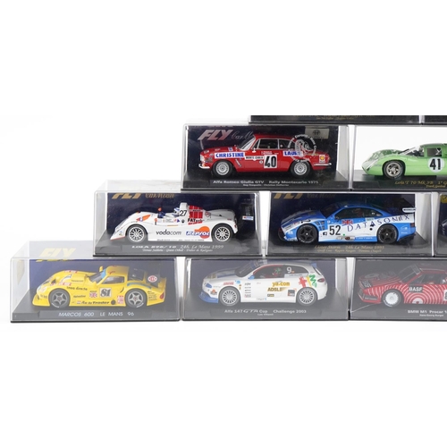 1589 - Sixteen Fly 1:32 scale model slot cars with cases including Lister Storm, Dodge Viper GTS-R and Ferr... 