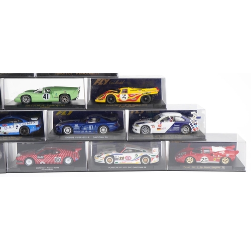 1589 - Sixteen Fly 1:32 scale model slot cars with cases including Lister Storm, Dodge Viper GTS-R and Ferr... 