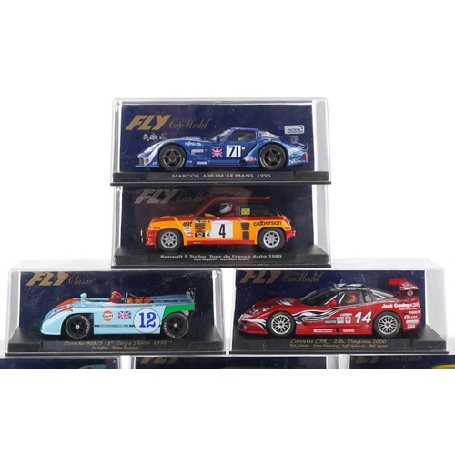 1588 - Sixteen Fly 1:32 scale model slot cars with cases including Renault 5 Turbo, Ford Capri RS Turbot an... 