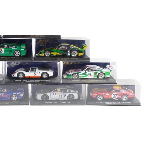 1588 - Sixteen Fly 1:32 scale model slot cars with cases including Renault 5 Turbo, Ford Capri RS Turbot an... 