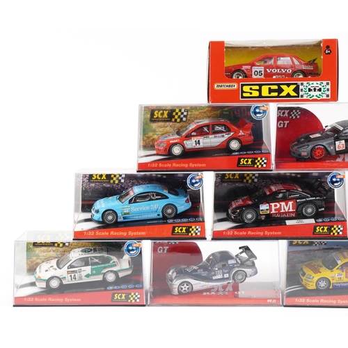 1596 - Ten Matchbox SCX 1:32 scale model slot cars with cases including Skoda Octavia WRC, Opel Astra V8 Co... 