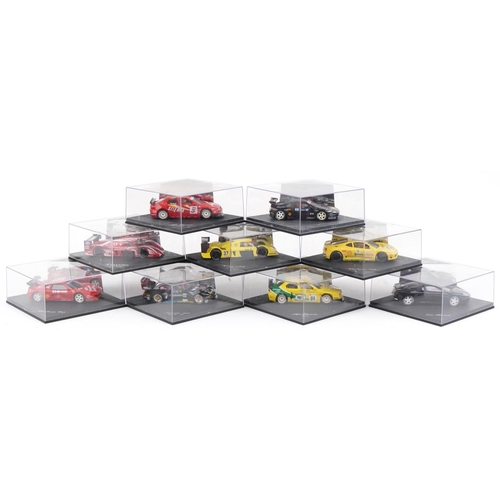 1599 - Nine Pro Slot 1:32 scale model slot cars with cases including Toyota GT-One, Porsche 911 GT2 and Alf... 