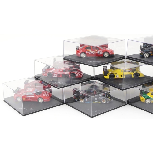 1599 - Nine Pro Slot 1:32 scale model slot cars with cases including Toyota GT-One, Porsche 911 GT2 and Alf... 