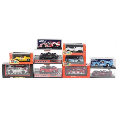 1600 - Ten 1:32 scale model slot cars with boxes and cases including MRRC International Hobbies Shelby Cobr... 