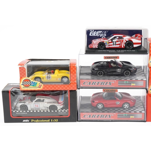 1600 - Ten 1:32 scale model slot cars with boxes and cases including MRRC International Hobbies Shelby Cobr... 