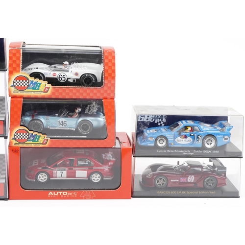 1600 - Ten 1:32 scale model slot cars with boxes and cases including MRRC International Hobbies Shelby Cobr... 