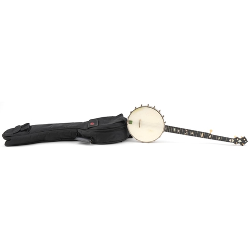 1235 - American George Washburn banjo with ebony and mother of pearl inlaid fret in canvas case, manufactur... 