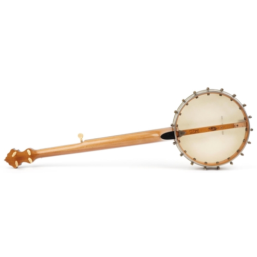 1235 - American George Washburn banjo with ebony and mother of pearl inlaid fret in canvas case, manufactur... 