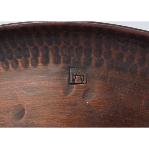 227 - Hugh Wallis, Arts and Crafts copper, pewter inlaid acorn design tray, 27cm in diameter