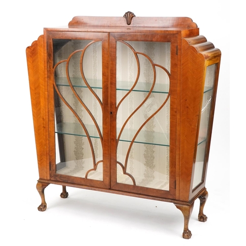 1014 - Art Deco inlaid walnut fan design display cabinet with glazed doors on claw and ball feet, 130cm H x... 