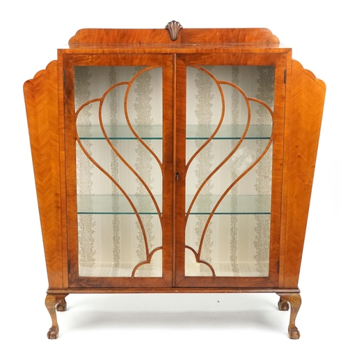 1014 - Art Deco inlaid walnut fan design display cabinet with glazed doors on claw and ball feet, 130cm H x... 