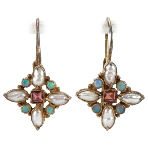 2131 - Pair of silver gilt multi gem earrings set with pearls, turquoise and garnets, possibly Austro-Hunga... 