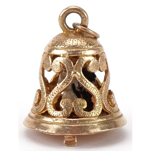 2100 - 9ct gold and enamel charm in the form of a church bell opening to reveal a bride and groom, 2.2cm hi... 