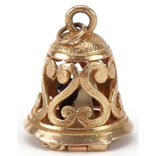 2100 - 9ct gold and enamel charm in the form of a church bell opening to reveal a bride and groom, 2.2cm hi... 