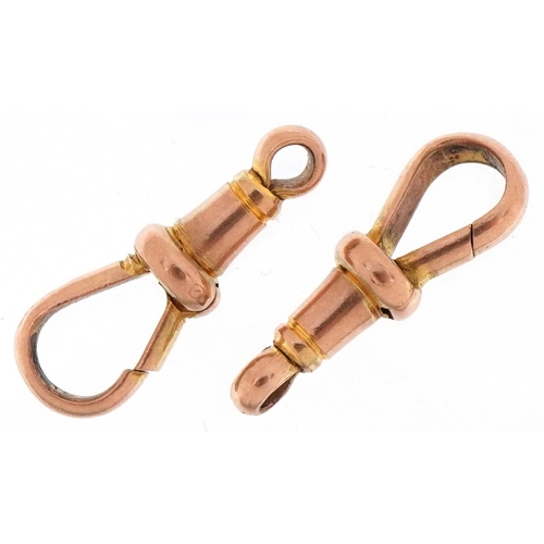 2165 - Two 9ct rose gold dog clip clasps, each 2cm in length, total 2.5g