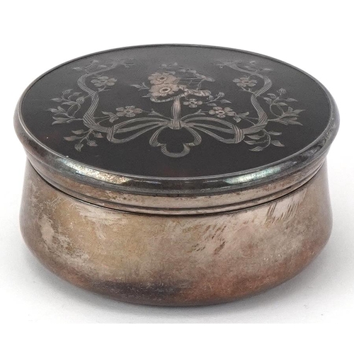 346 - Levi & Salaman, silver and tortoiseshell pique work circular box and cover, indistinct Birmingham ha... 