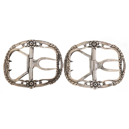 341 - Charles Horner, two Georgian style silver belt buckles cast with stylised flowers, incomplete hallma... 