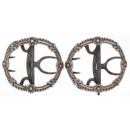 342 - Two Georgian style silver and steel belt buckles cast with stylised flowers, incomplete hallmarks, e... 