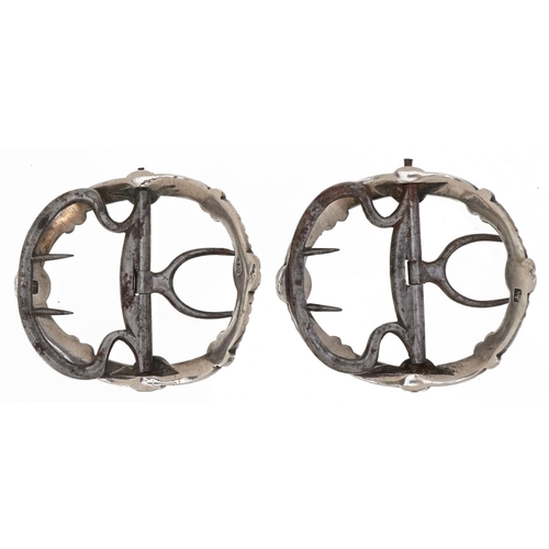 342 - Two Georgian style silver and steel belt buckles cast with stylised flowers, incomplete hallmarks, e... 