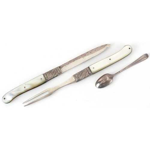40 - Georgian mother of pearl flanked silver folding fruit knife, fork and spoon set housed in a tooled l... 
