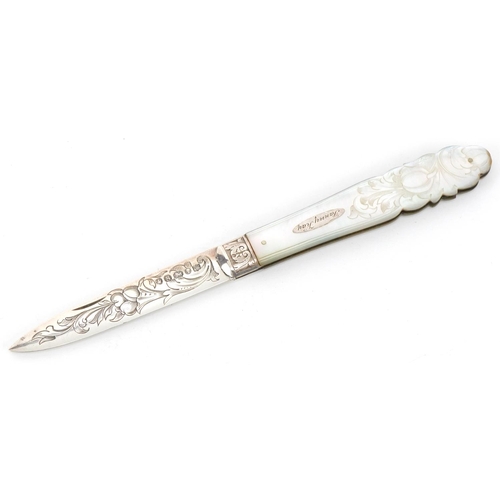 47 - Martin, Hall & Co, Victorian mother of pearl flanked silver folding fruit knife having floral engrav... 