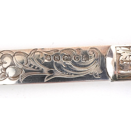 47 - Martin, Hall & Co, Victorian mother of pearl flanked silver folding fruit knife having floral engrav... 