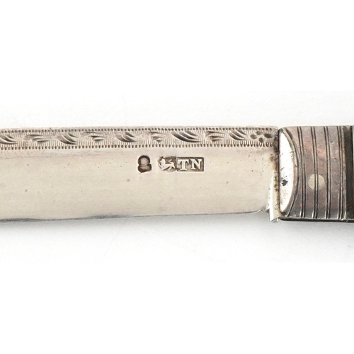 46 - Georgian mother of pearl flanked silver folding fruit knife housed in a fitted case, incomplete hall... 