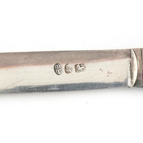 44 - George III mother of pearl flanked silver folding fruit knife housed in a tooled leather case, Sheff... 