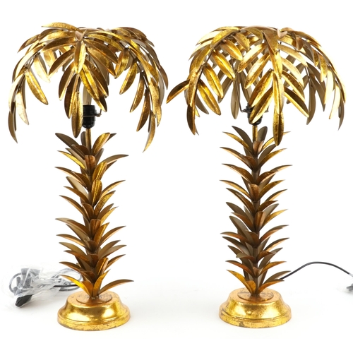 1477 - Pair of Hollywood Regency style gilt painted metal table lamps in the form of palm trees, each 72cm ... 