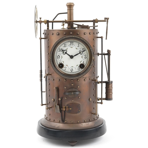 421 - Large French brass clock in the form of an industrial boiler, striking on a bell, having enamelled d... 