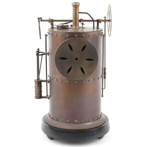 421 - Large French brass clock in the form of an industrial boiler, striking on a bell, having enamelled d... 