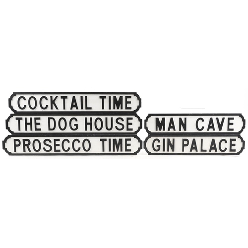 1484 - Five novelty hand painted wall signs ,The Dog House, Gin Palace, Prosecco Time, Man Cave and Cocktai... 