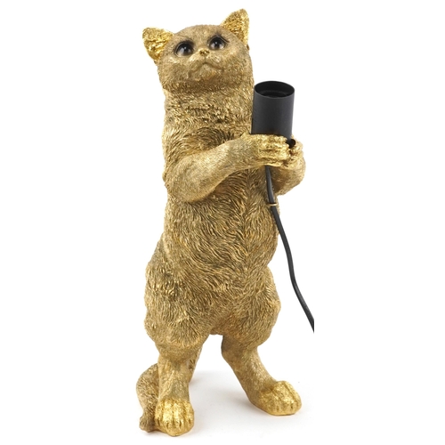 1373 - Ornate gilt painted table lamp in the form of a standing cat, 40cm high