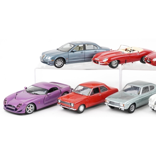 1665 - Ten 1:18 scale diecast vehicles including Maisto Jaguar S Type, Tonka MGA Twin Cam and Burago 1961 J... 