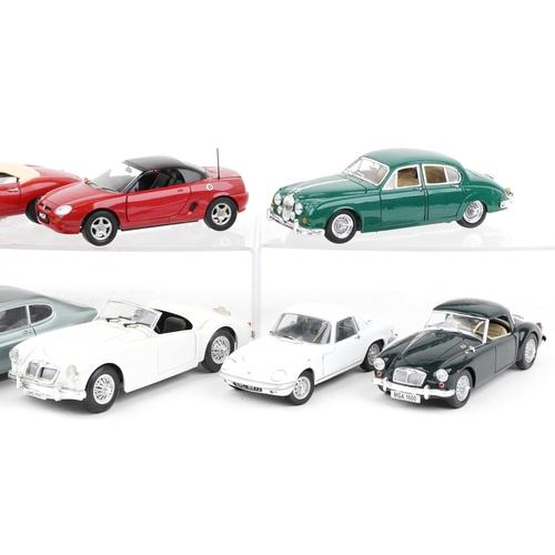 1665 - Ten 1:18 scale diecast vehicles including Maisto Jaguar S Type, Tonka MGA Twin Cam and Burago 1961 J... 