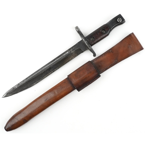 1808 - Military interest World War I Ross bayonet with leather scabbard, 39cm in length