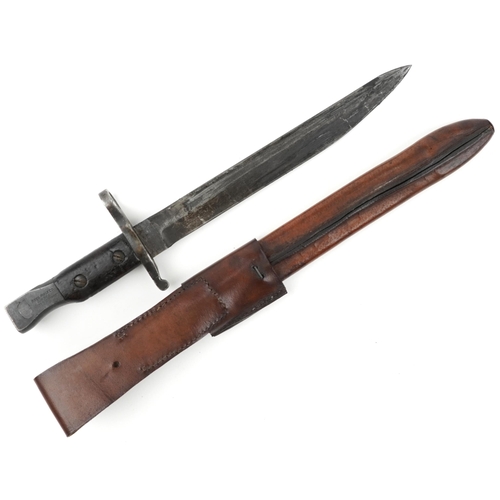 1808 - Military interest World War I Ross bayonet with leather scabbard, 39cm in length