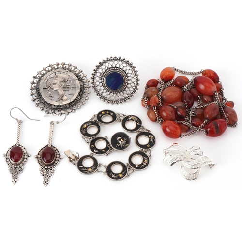 2678 - Antique and later silver and white metal jewellery including carnelian necklace and earrings, Egypti... 