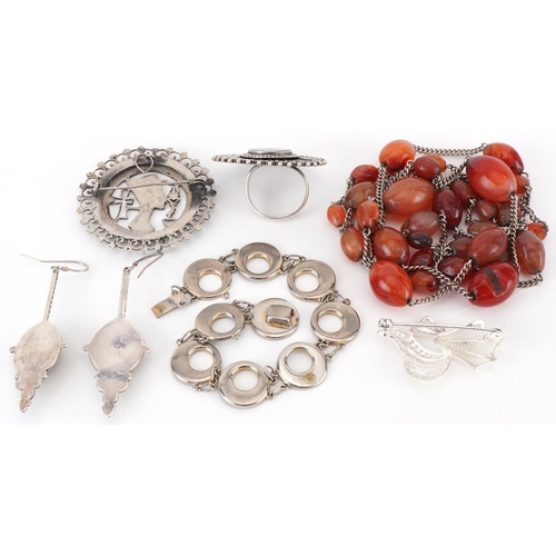 2678 - Antique and later silver and white metal jewellery including carnelian necklace and earrings, Egypti... 